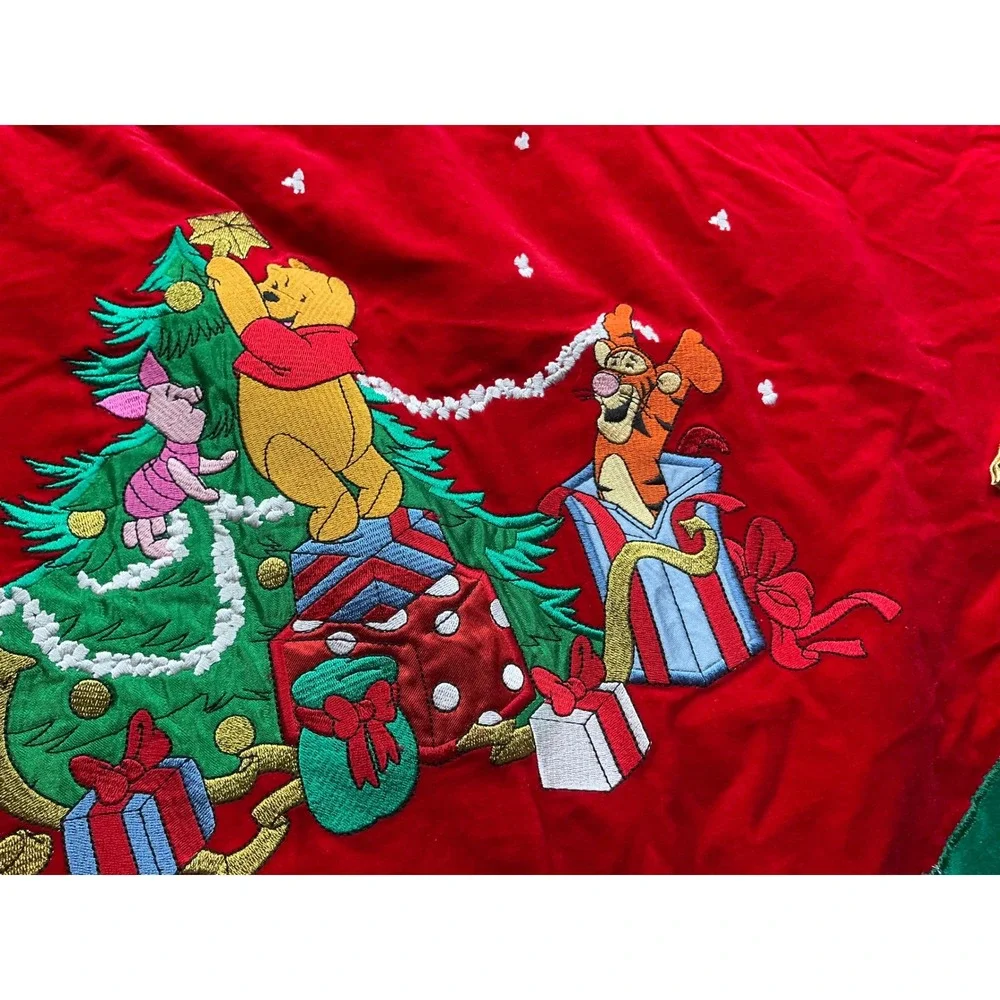 Disney Vintage Winnie the Pooh Embroidered Christmas Tree Skirt Red Green Velvet